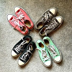 Pink, gray, mint green and navy blue converse. Size 8 women’s, size 6 men’s.